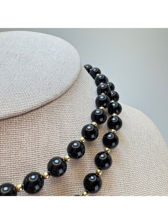 Black Onyx Vintage 7mm Alternating 10K Gold Bead Necklace No Clasp 20" Length - Picture 6 of 10